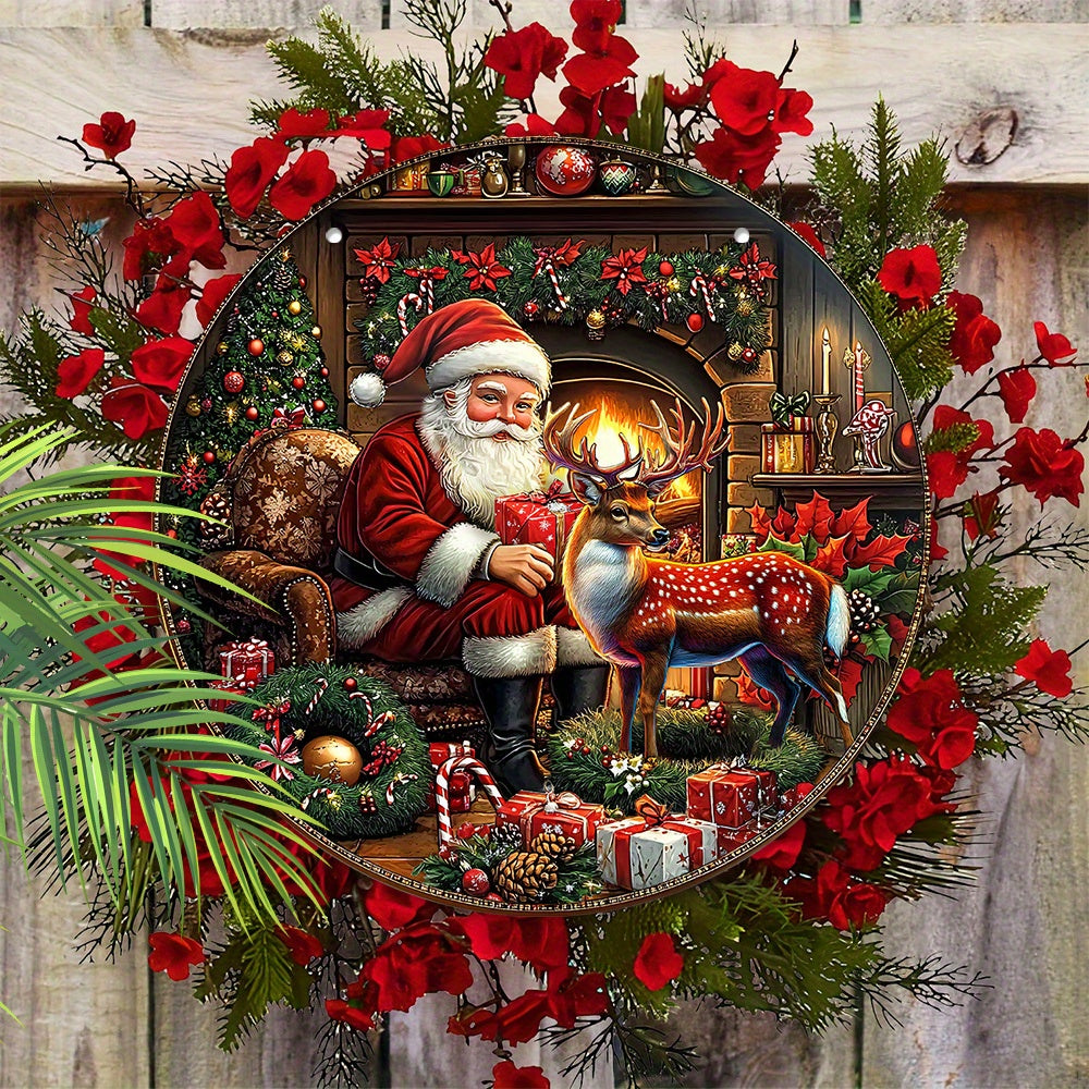 Festive wooden hanging sign featuring Santa Claus and reindeer, retro poinsettia and berry design. No power needed. Perfect for home, garden, and outdoor holiday decor.