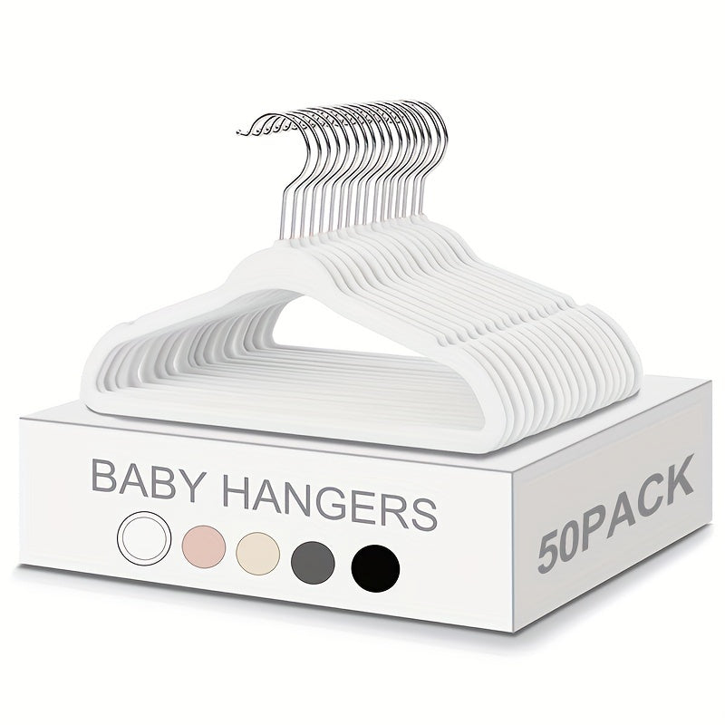 Get a 50 pack of cute and durable velvet baby hangers for your closet! These non-slip toddler hangers are the perfect size at 29.97 cm for your child's clothes. Perfect for newborns and children.