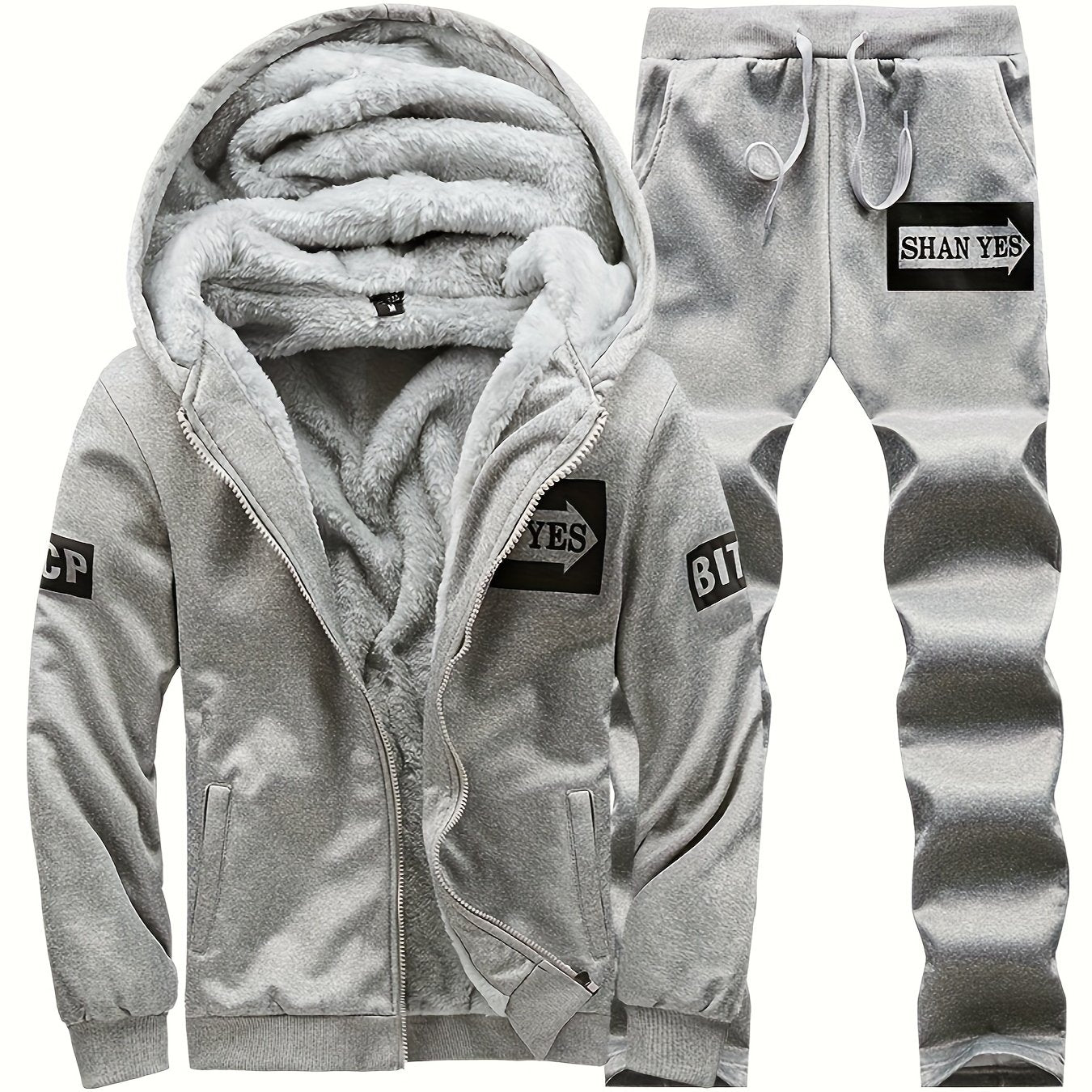 Men's winter sportswear set includes a fleece-lined hooded jacket and joggers with pockets.