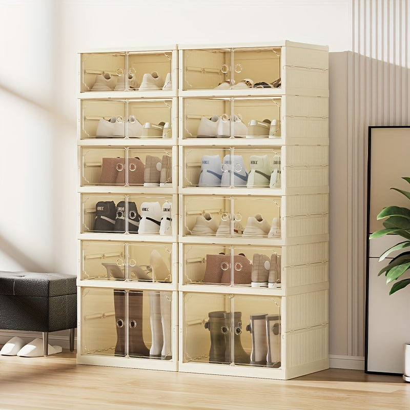 Foldable shoe storage organizer box with lid, wheels, and stackable design. Can be used as a stash rack, closet bin, container cabinet, or shelf. Perfect for dorm rooms, home essentials, under bed storage, entryways, and garage organization.