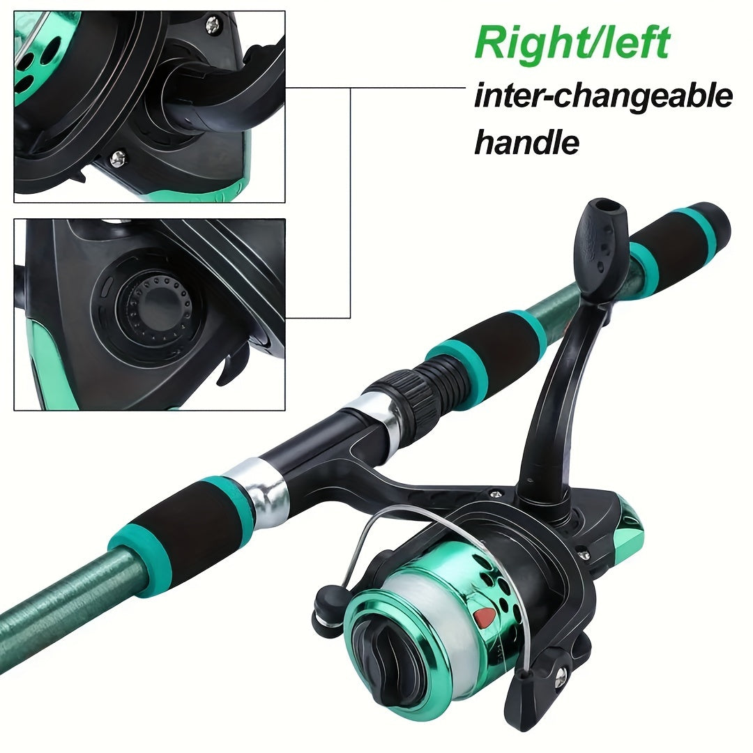 All-in-one fishing rod kit with telescopic rod, spinning reel, bait hooks, and travel set.