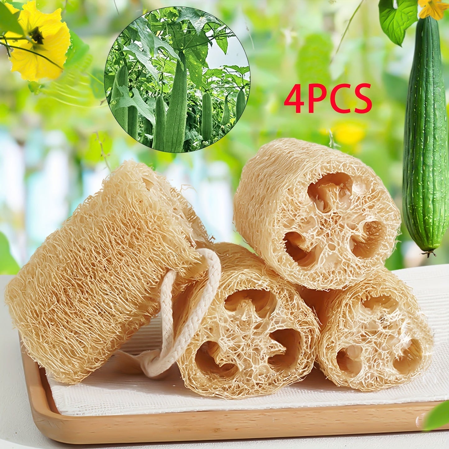 A set of four natural loofah sponges made from wood pulp fiber. These rectangular sponges are lightweight and made from non-woven fabric, making them reusable for various purposes such as bathing, spa treatments, skincare, kitchen cleaning, dishwashing