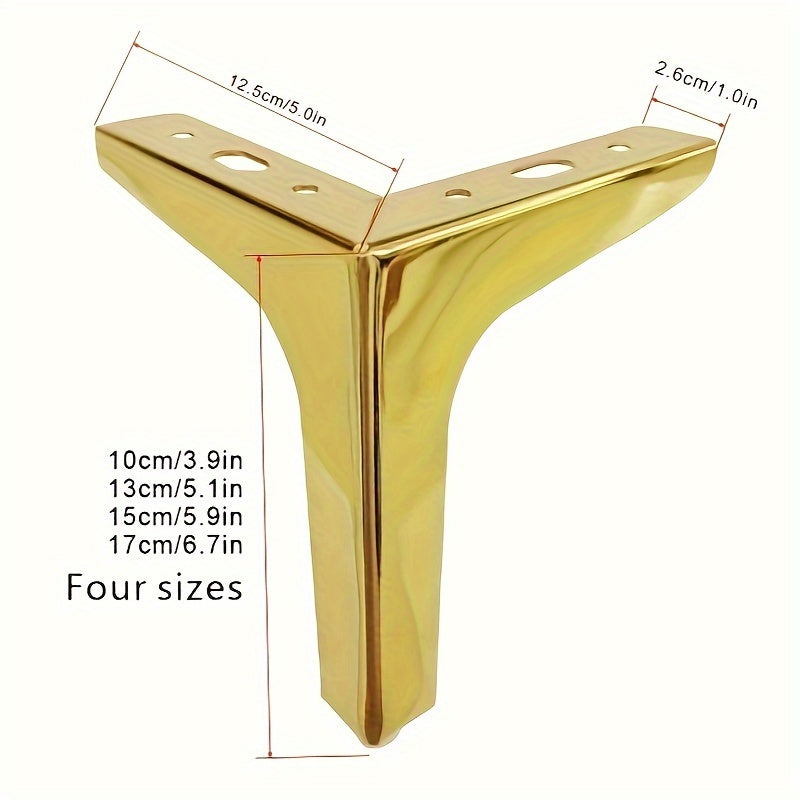 Four pieces of modern style furniture legs made of metal, available in luxury golden triangle design in black, golden, and silvery colors. Suitable for tables, cabinets, boards, sofas, and chairs. Comes in four specifications: 10cm/3.9in, 13cm/5.1in