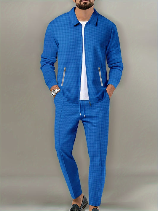 Men's Casual solid color 2-piece outfit with drawstring pants and breathable zip jacket.