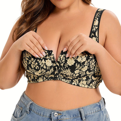 Floral polyester bralettes in plus size, wireless with front button and knit fabric, no padding, slight stretch, simple style, made of 95% polyester and 5% spandex.