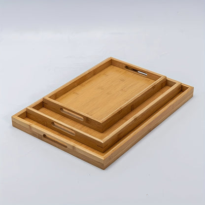 Bamboo serving tray with handles for eating, working, and storing in various locations.