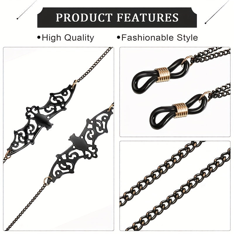 Set of 4 Gothic Black Bat Cross Moon Glasses Chains for Women and Men - Eyeglass Strap Holder Halloween Lanyards Retainer