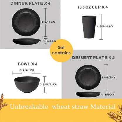 High-quality straw tableware set includes 16 unbreakable pieces that are microwave and dishwasher safe. The set consists of 8 black plates, 4 bowls, and 4 cups.