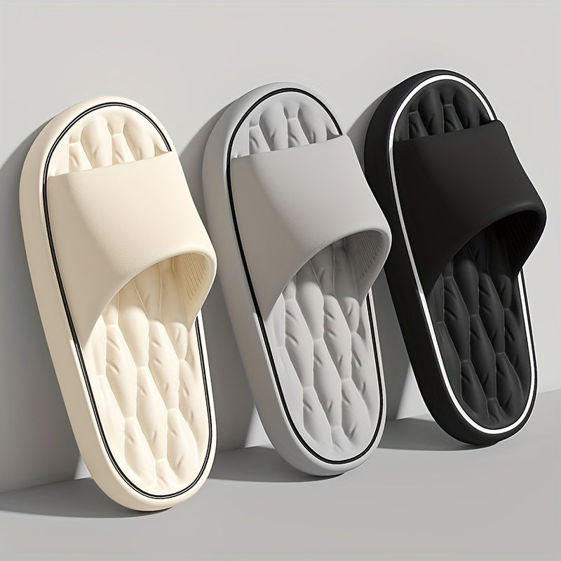 Gender-neutral EVA slippers with thick non-slip sole and round toe, suitable for indoor, hiking, and daily wear in all seasons.