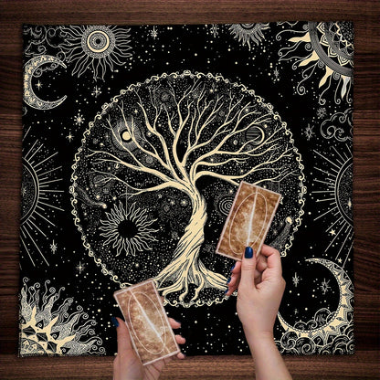 1pc Tarot Tablecloth featuring life tree and moon phase designs, suitable for tarot readings, altar cloths, witchcraft, table games, and room decoration.