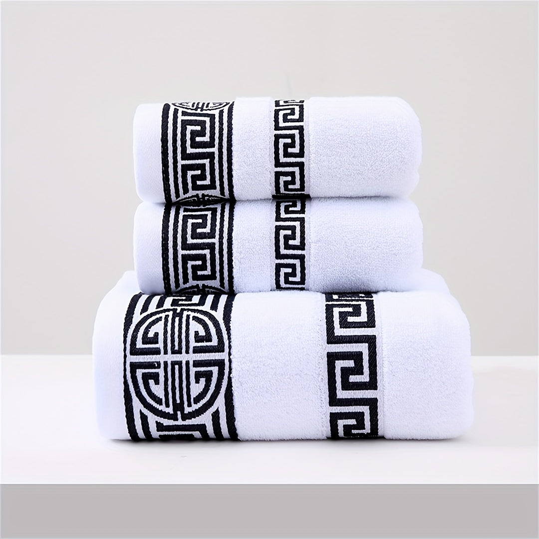 Velvet towel set includes 1 bath towel and 2 hand towels in gsm450, Regular thickness, Pure cotton with geometric pattern. High absorbency and softness in dark colors including black, purple, blue, coffee, and white. Suitable for bathroom, travel