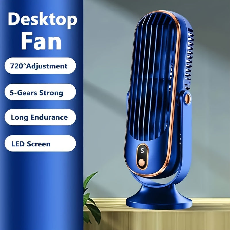 TENGQU Portable USB Desktop Fan - Dual Blade, 5-Speed Adjustable with 360° Rotation, Perfect for Home, Office, Travel, and Camping.