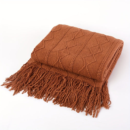 Soft Vintage Knitted Throw Blanket with Tassels - Suitable for Couch, Bed, Farmhouse, and Home Decoration - 1 Piece