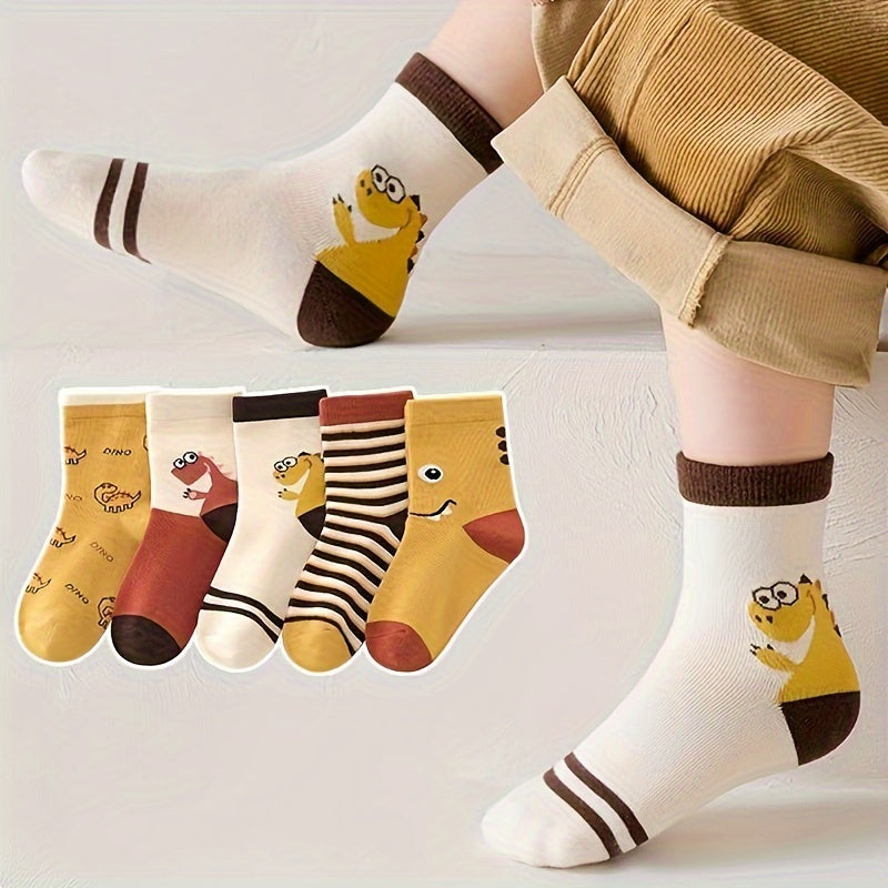 10 pairs of boys' trendy cartoon animal striped and plaid pattern crew socks, breathable and comfy for all seasons wearing.