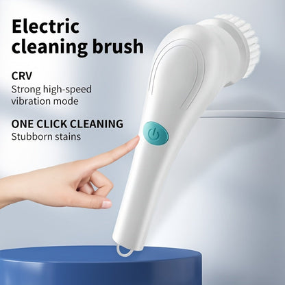 A household cleaning tool set featuring a rechargeable electric brush with 5 interchangeable heads. This multi-functional handheld brush offers USB charging, medium hardness, and is ideal for use in the bathroom, kitchen, bedroom, living room, and