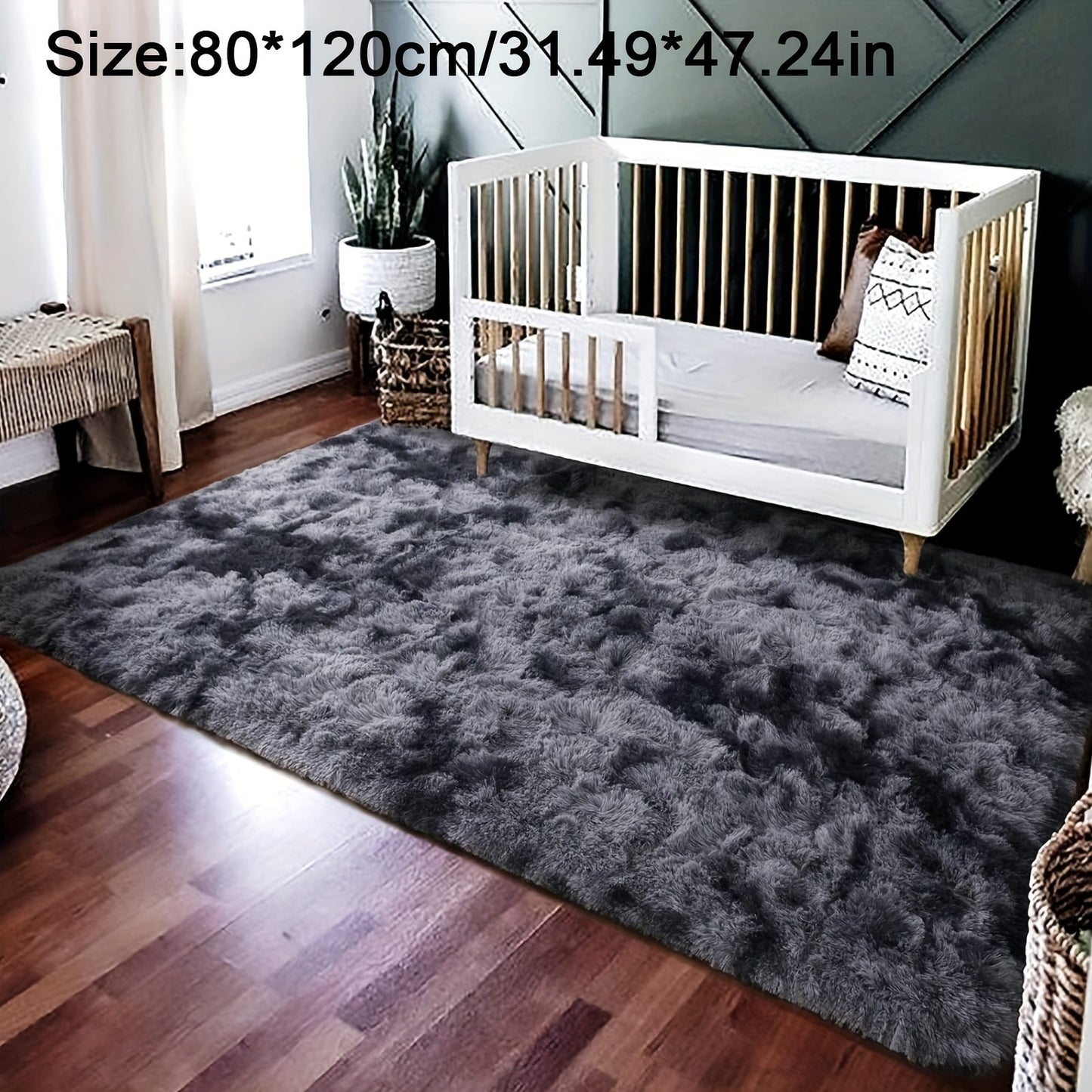 Soft plush area rug in deep grey tie-dye design, perfect for adding a cozy touch to your bedroom or living room. Made of fluffy polyester shaggy material, this carpet is ideal for festive Christmas decor. Rectangular in shape, this rug should be dry