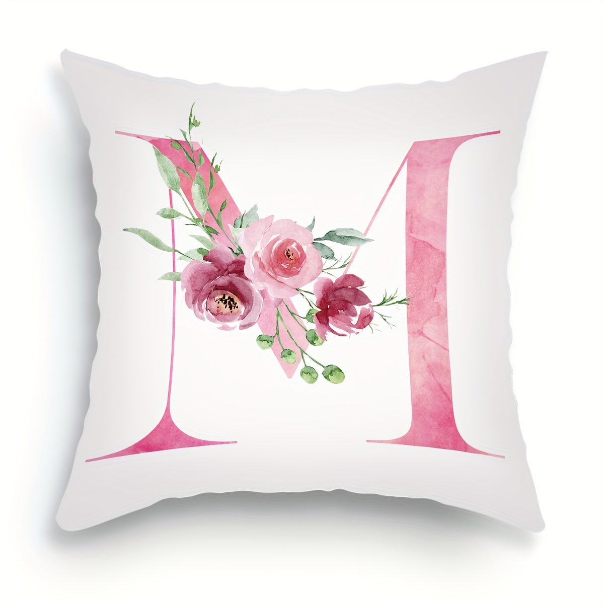 18x18 inch Alphabet Floral Pillow Cover featuring A to Z English Letters in pink print. Ideal for adding a contemporary touch to sofa, living room, or bedroom decor. Single-sided printing, insert not included.