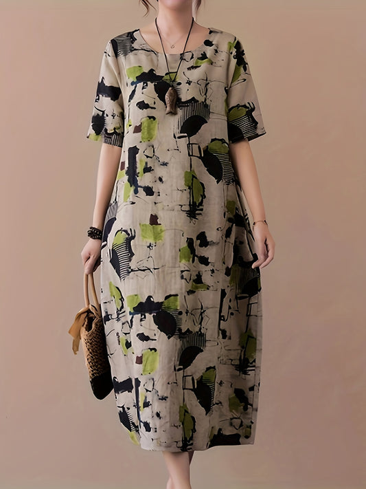 Elegant linen midi dress with vibrant abstract print, short sleeve, round neck, machine washable, no stretch - perfect for spring/summer/fall events.