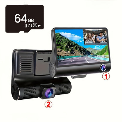 YiXingjia HD 3-Lens Dash Cam with Night Vision offers front, interior, and rear views, suction cup mount, loop recording, and reversible image.