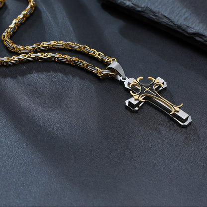 Men's Fashionable Byzantine Necklace with Double-layer Stainless Steel Cross Pendant