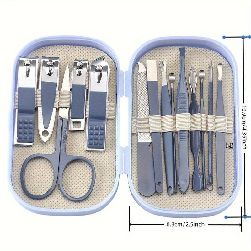 14-piece stainless steel manicure and pedicure set with nail clippers, shaping tools, and storage box. Lightweight, odorless, and battery-free for easy hand, feet, and nail care.