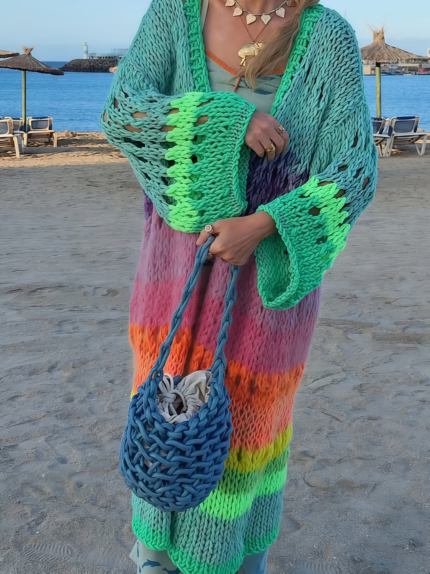 Colorful hand-knitted women's coat with gradient bright colors, retro lantern sleeves, and ribbon details. Chic and fashionable boho style.