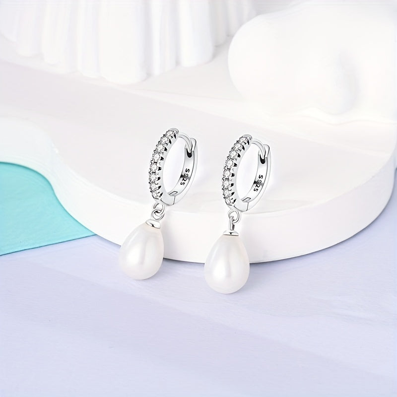 Beautiful 925 Sterling Silver Drop & Dangle Earrings featuring a Natural Pearl and Sparkling Zirconia - Lovely Holiday Style Jewelry for Women, Ideal for Wedding, Engagement, Birthday Gifts, and Party Accessories - Unplated with Silver Ear Needle