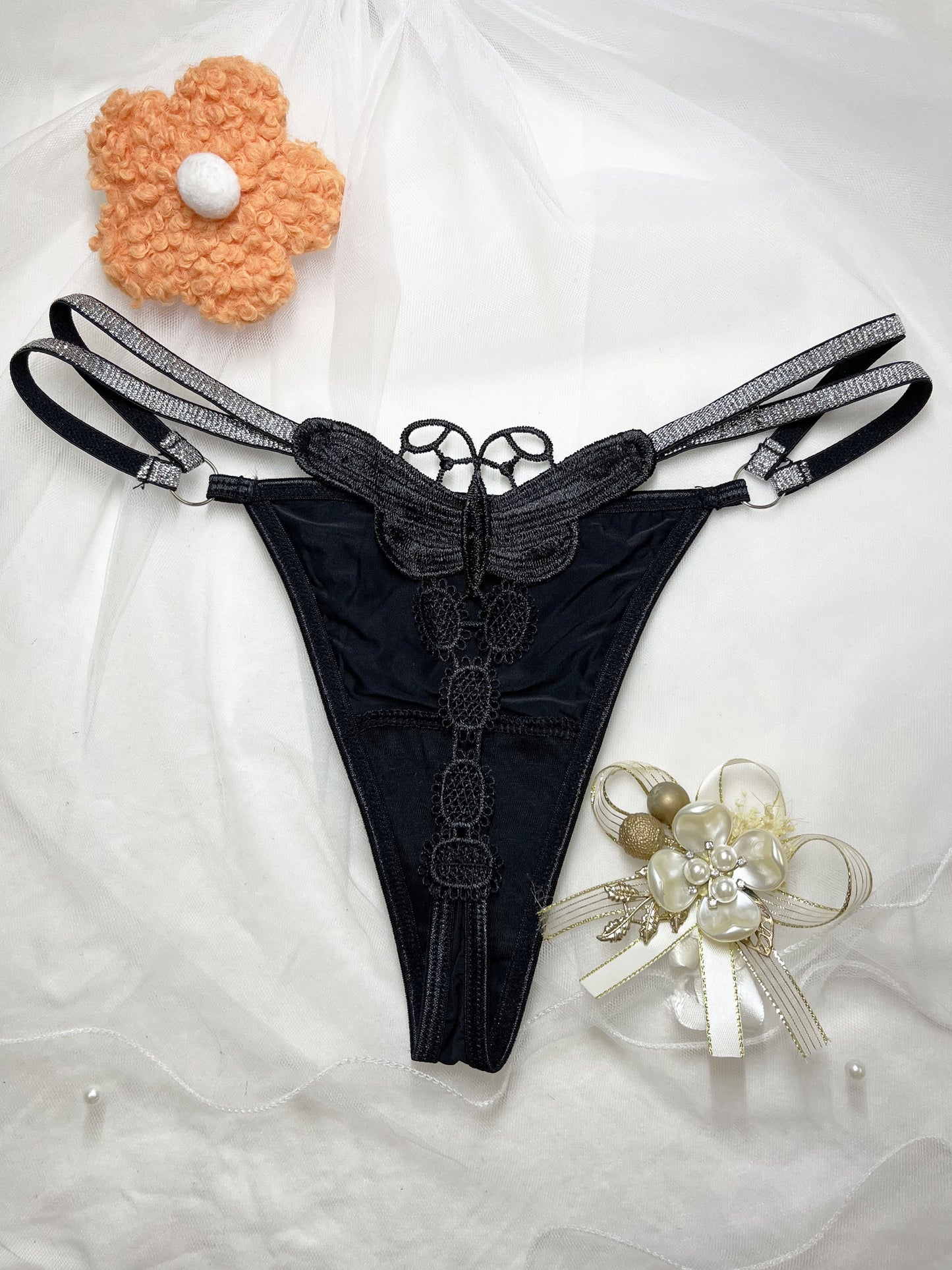 Glittery butterfly embroidered thong pants in two colors with a thin belt