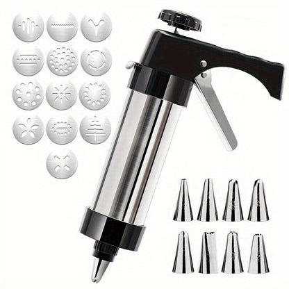 Stainless Steel Cookie Press Maker Kit Set with 22 Pieces - Includes 13 Round Cookie Tools and 8 Icing Tips - Food Safe Baking Tool for Home Use