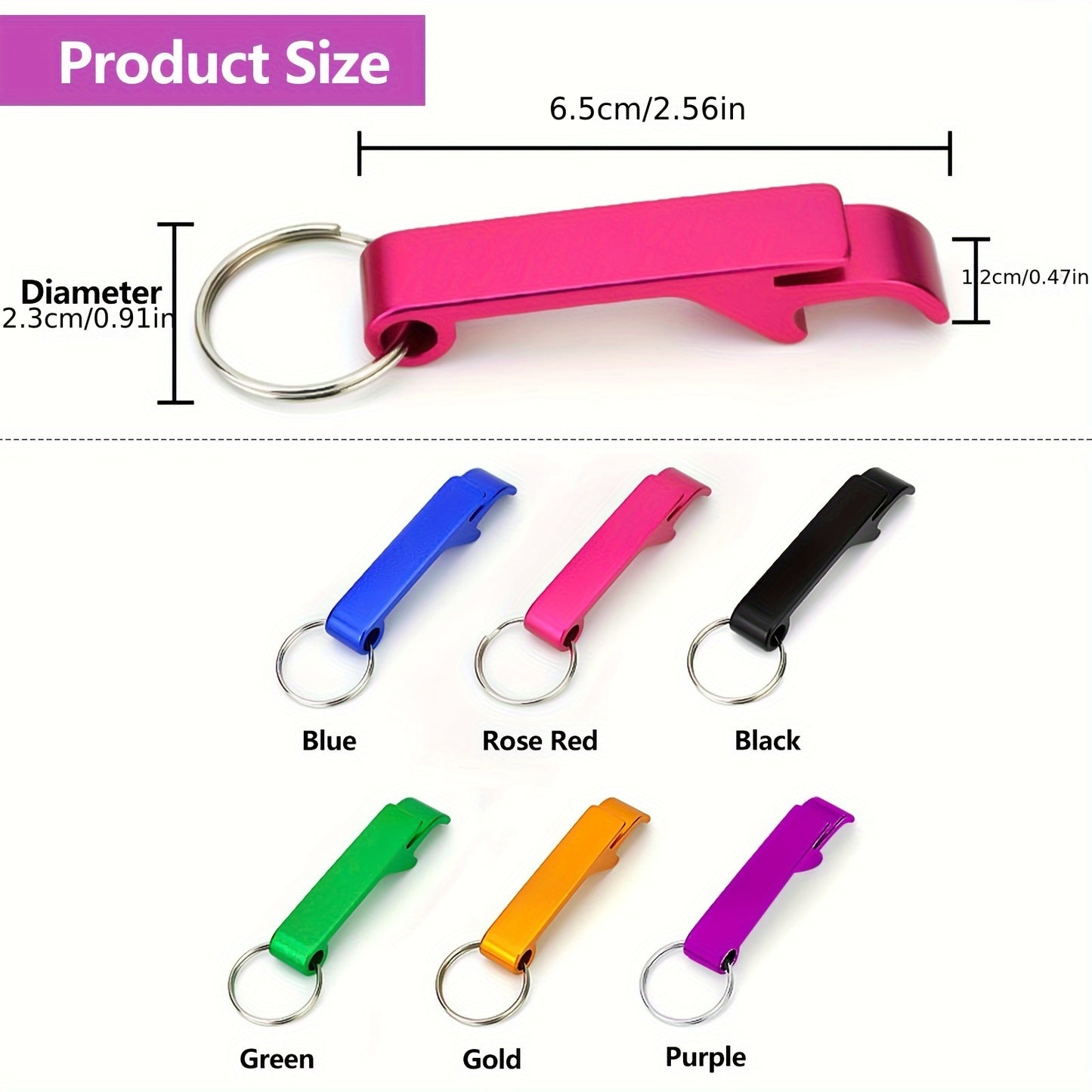 Personalized bottle opener keychains with colorful custom design, free engraving for party favors and gifts. Durable and lightweight.