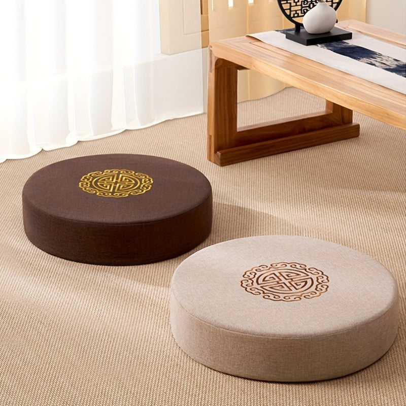 Round pouf Tatami floor pillow with non-electrical comfort design, featuring 1 piece of traditional woven fabric sponge padding for meditation.