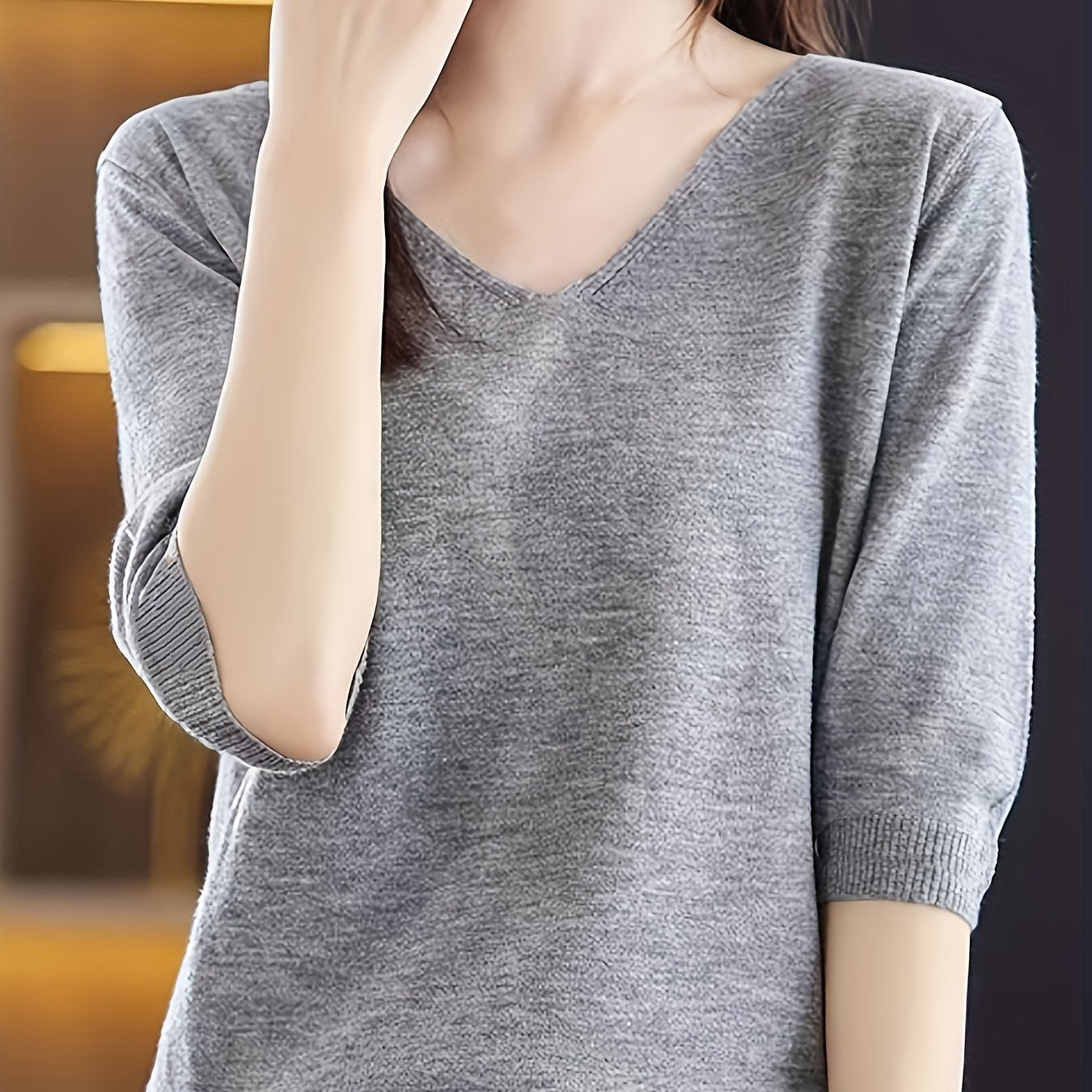 V-neck sweater in solid color, versatile half sleeve knit top for spring/fall, women's clothing.