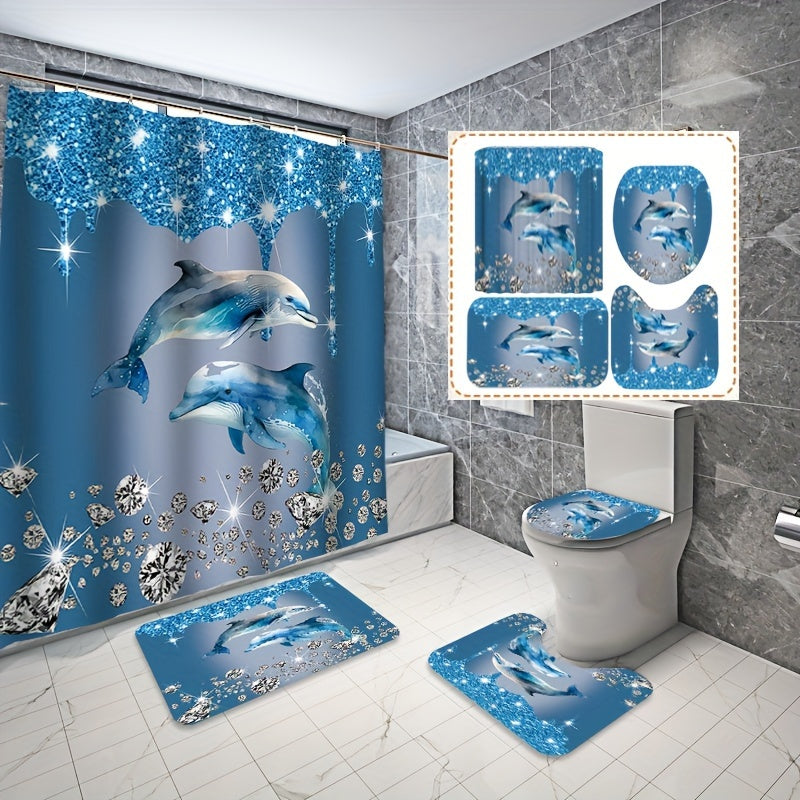 Blue diamond dolphin print bathroom set includes shower curtain, non-slip mat, toilet seat cover, and U-shaped mat, with 12 hooks for hanging the curtain.