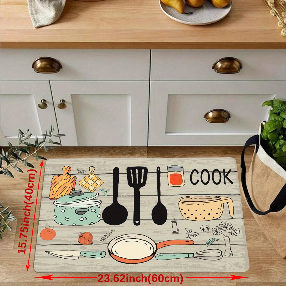 1pc Modern Polyester Kitchen Mat with Cutlery & Letter Graphics - Machine Washable Rectangular Floor Mat for Kitchen/Home Decor, Featuring "The Kitchen's the Heart of the Home" Theme. Perfect for Kitchen Rugs!