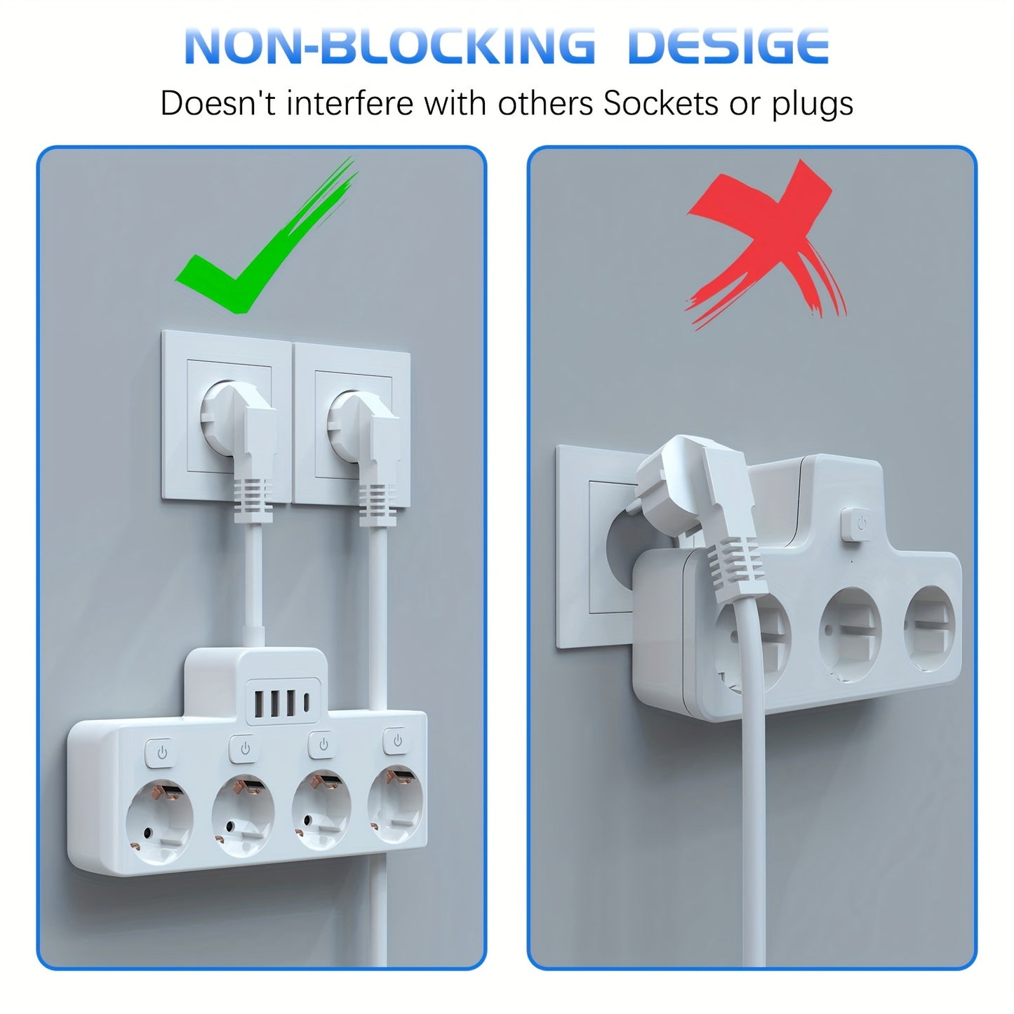 Power strip with 4 AC outlets, 4 USB ports, individual switches, and short cord for home, office, and travel use.