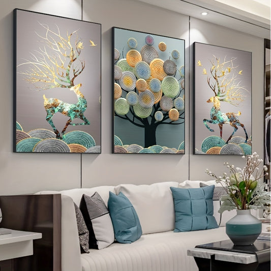 Frameless Chinese Feng Shui tree canvas painting for living room decor, 3 pieces, 15.7*23.6in.