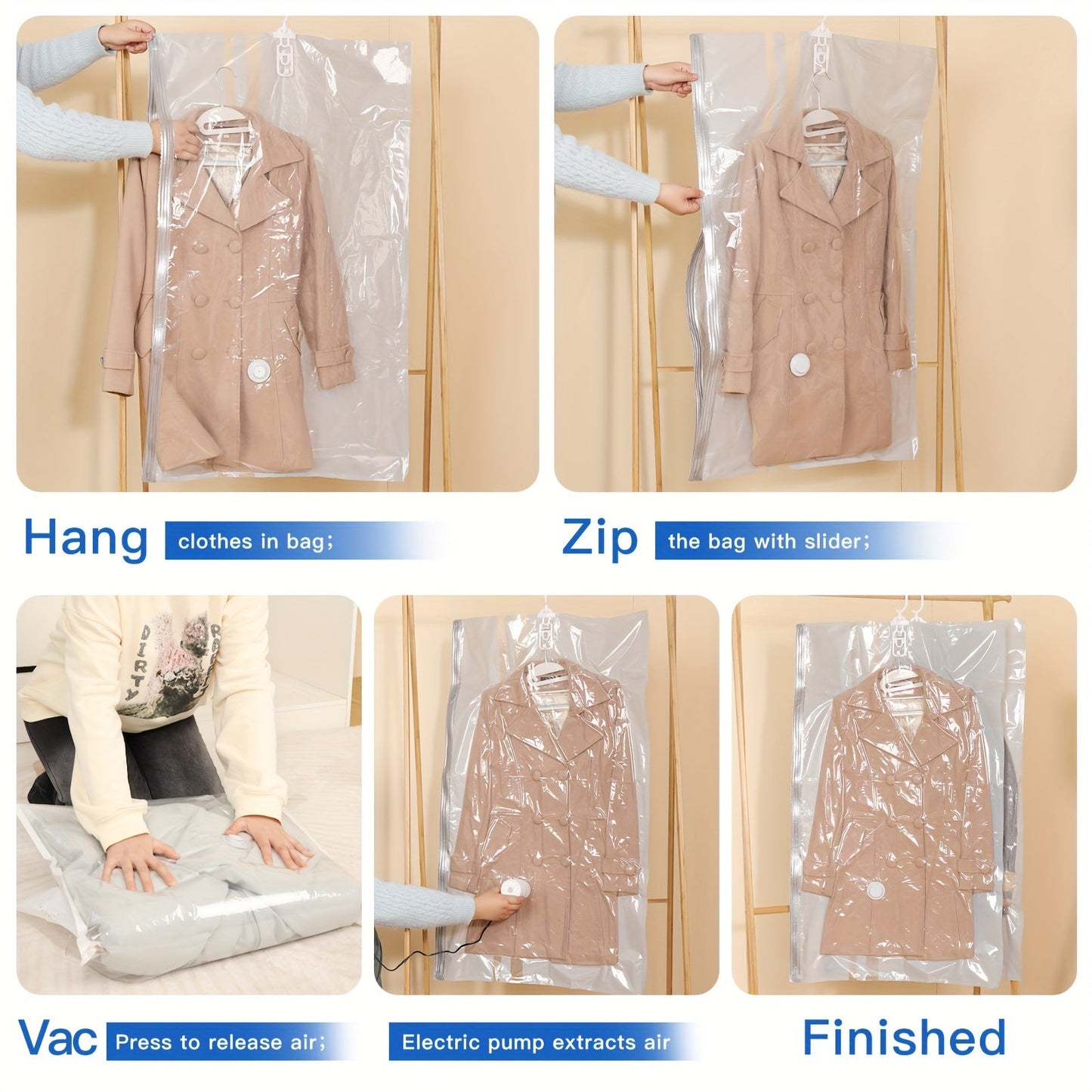 Save space in your wardrobe with this 5-Pack of Hanging Vacuum Storage Bags. These multipurpose rectangle plastic garment bags feature zipper closure and are perfect for storing winter coats, suits, jackets, and down jackets. Keep your clothes organized