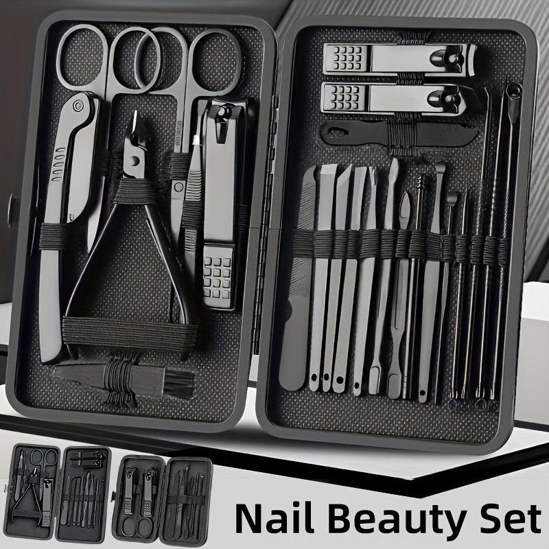 Nail clippers and grooming tools set with 8/15/24pcs, including portable travel case, clippers, scissors, foot nail trimming kit, and travel grooming tools.