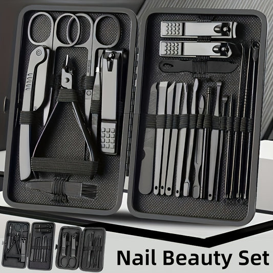 Nail clippers and grooming tools set with 8/15/24pcs, including portable travel case, clippers, scissors, foot nail trimming kit, and travel grooming tools.