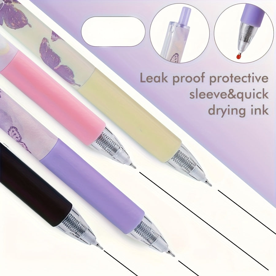 Set of 6 neutral aesthetic pens with black ink, 0.5mm fine tip for smooth writing, dreamy butterfly design ideal for school or office use.