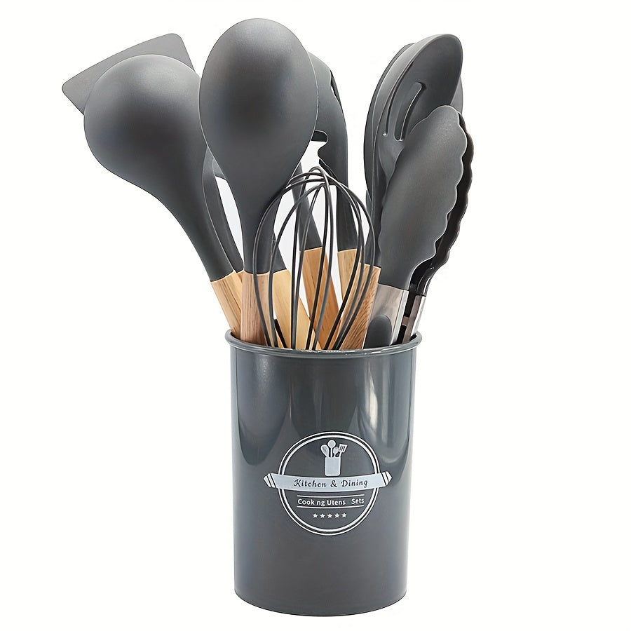 Set of 11/12 pieces Kitchenware with Wooden Handles, including Silicone Non-stick Pot, Cooking Shovel, Spoon, Storage Bucket, and Non-stick Shovel. An essential collection of high-quality kitchen utensils and items.