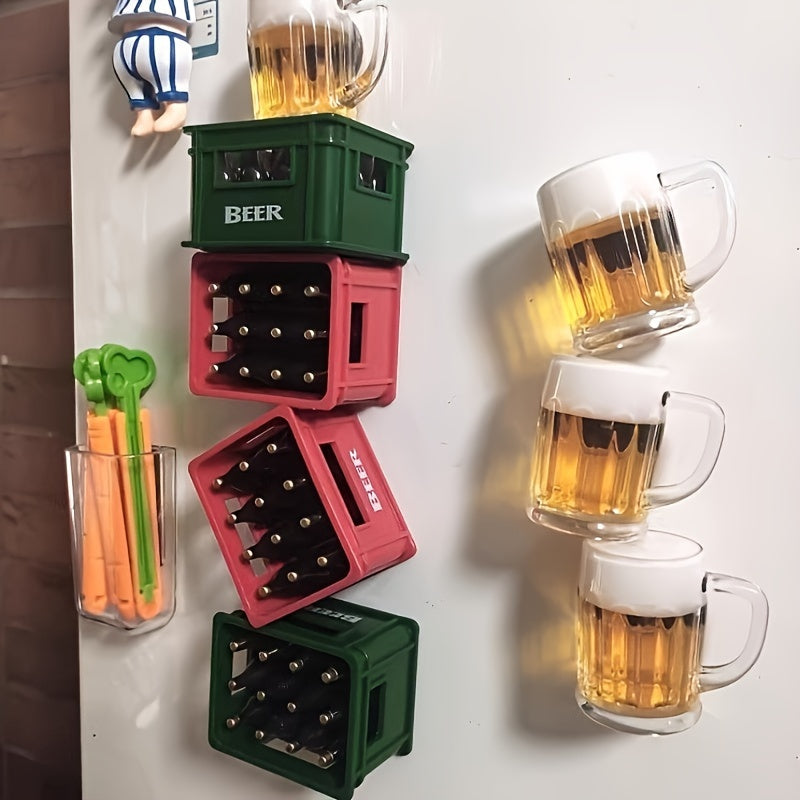 Beer basket bottle opener with magnetic attachment for refrigerators, ideal for home bars and parties.