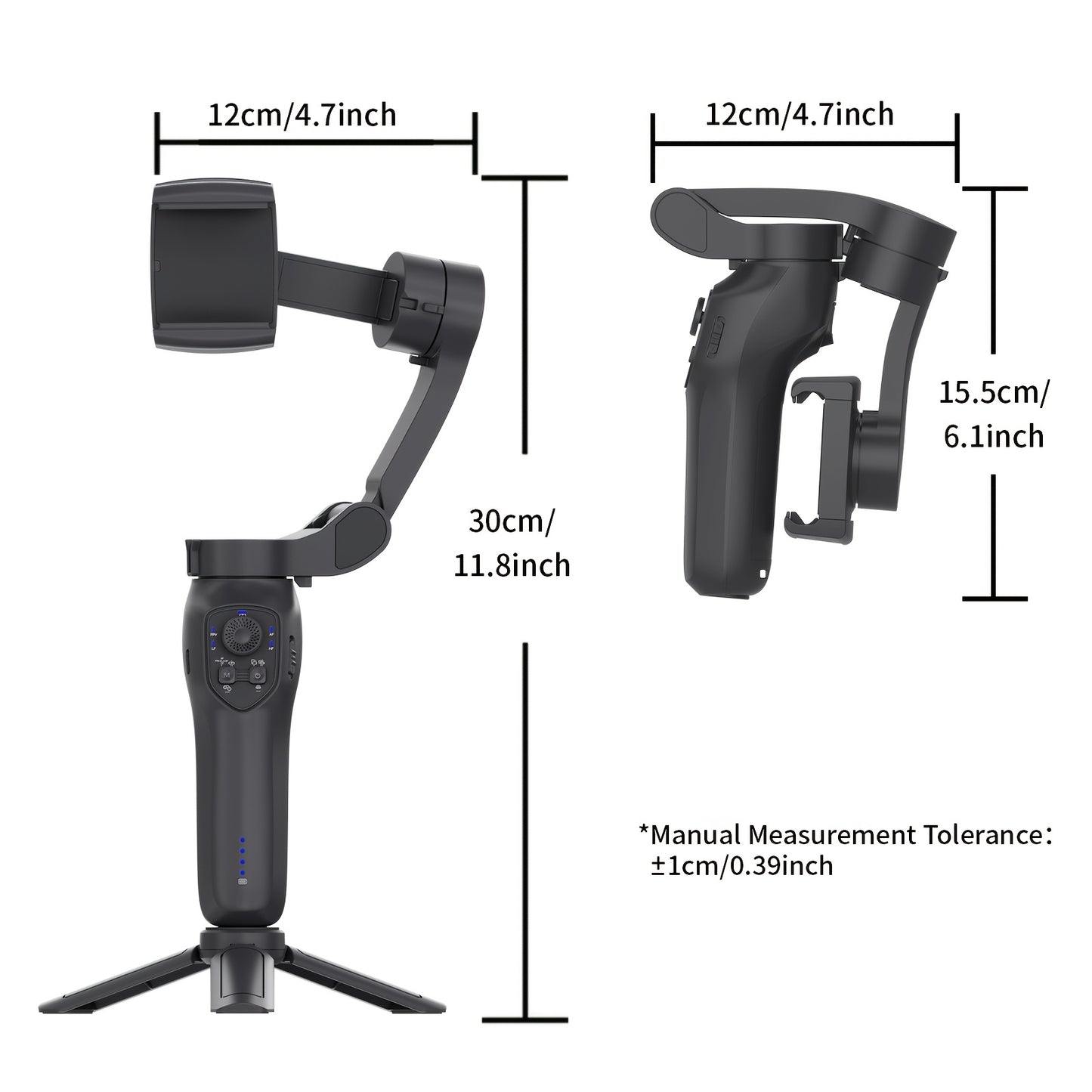 3-axis smartphone stabilizer with RGB lighting, face tracking and wireless capabilities. Rechargeable with USB, works with Apple and Samsung phones. Perfect for video shooting and holiday