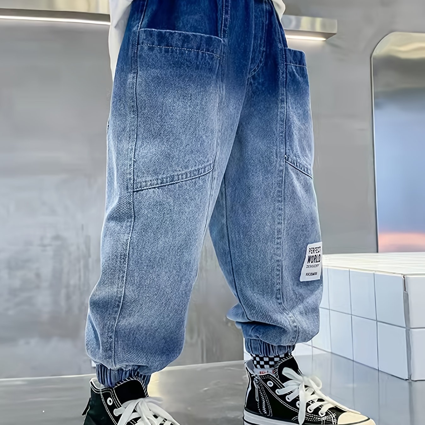 K-pop Boys' Cargo Denim Jeans with Elastic Waistband