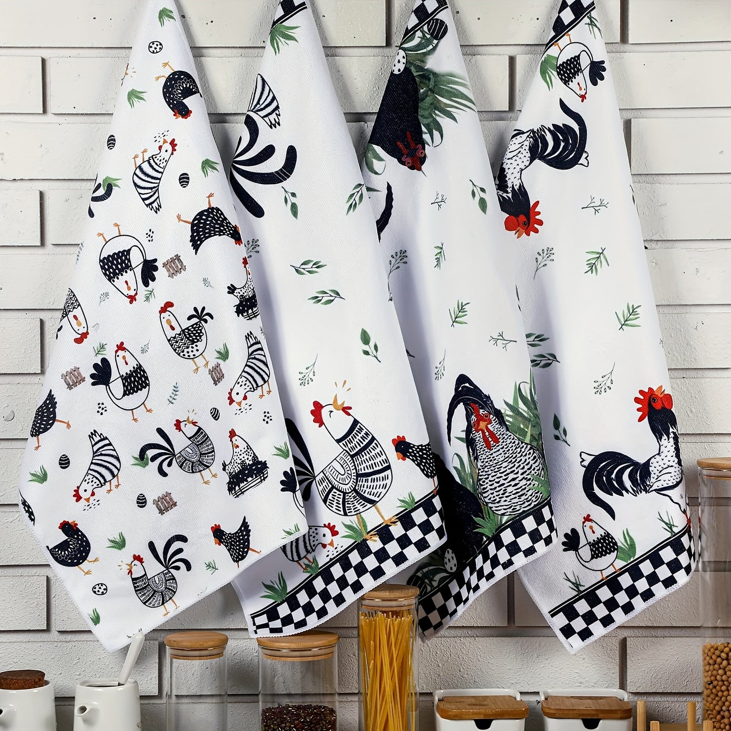 Two buffalo plaid rooster hens printed hand towels for farmhouse rustic style decor and kitchen cleaning.