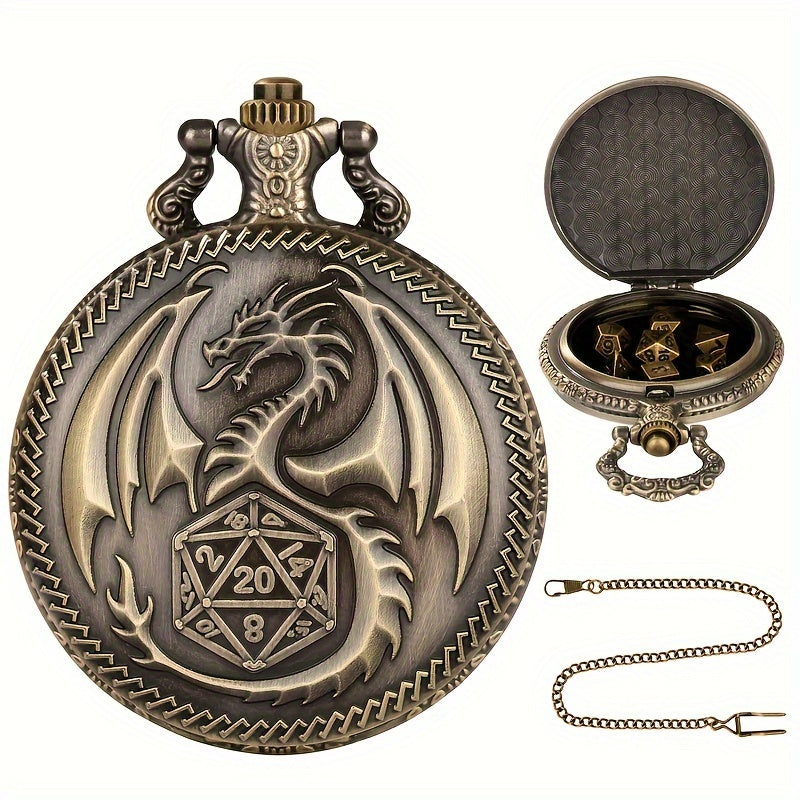 Vintage Dragon Alloy Pocket Watch with Chain and 7-Piece Dice Set - Perfect for Role-Playing Games