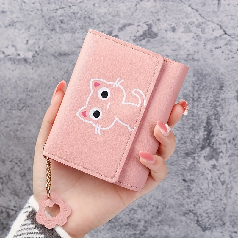 1pc Adorable Pink Cat Cartoon Tri-Fold Wallet for Women with Keychain, Coin Purse, Card Slots, and Snap Closure.