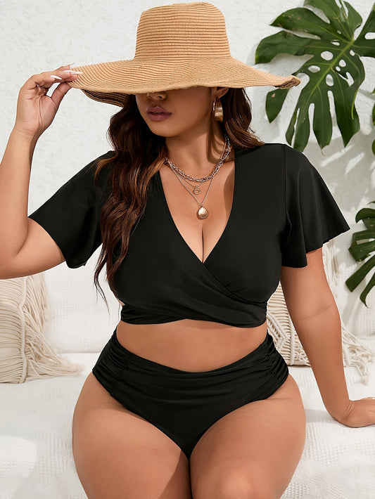 High-waisted solid color bikini with fly sleeves in a larger size.