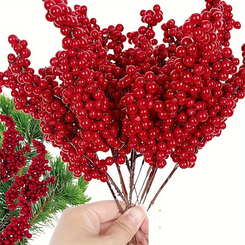 12 vibrant red artificial berries for Christmas tree, no power required for DIY holiday decor.