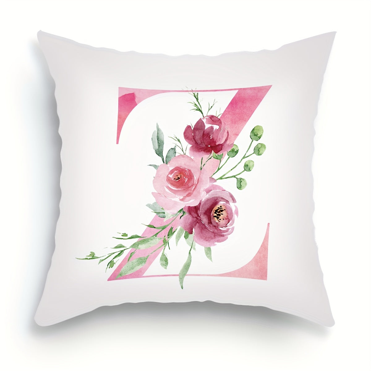 18x18 inch Alphabet Floral Pillow Cover featuring A to Z English Letters in pink print. Ideal for adding a contemporary touch to sofa, living room, or bedroom decor. Single-sided printing, insert not included.